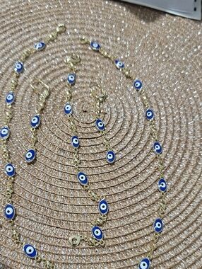 Gold-Tone Blue Evil Eye Chain Necklace and Bracelet Set